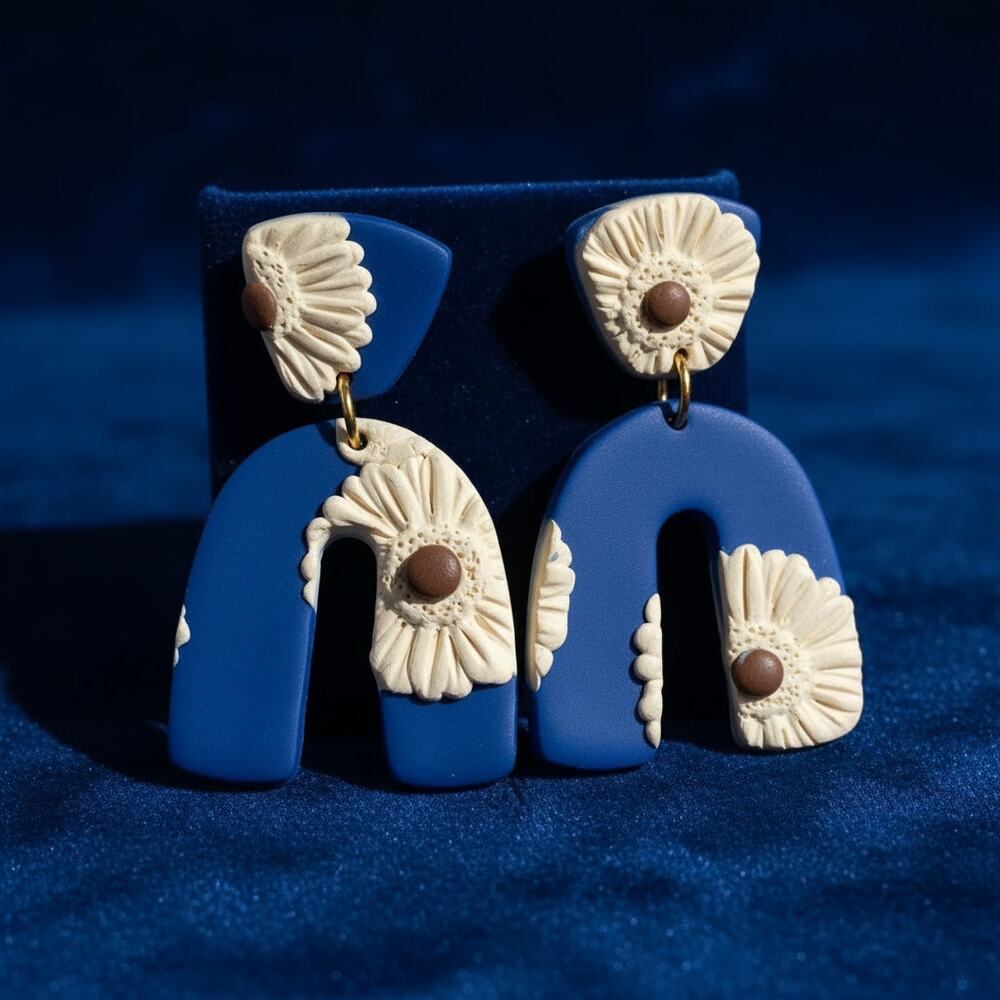Handcrafted Blue Floral Arch Dangle Earrings
